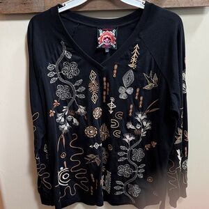 Johnny Was Black Top with Intricate Embroidery in White and Copper